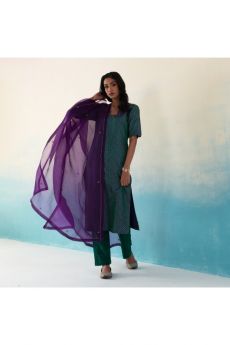Shiza Purple And Green Pure Silk Banarasi Tanchoi Kurta With Pants And Organza Dupatta