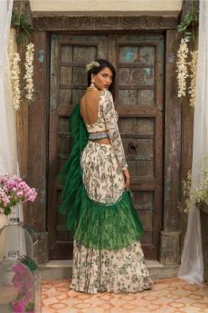 Off White Printed Palazzo Set With Pleated Dupatta And Belt