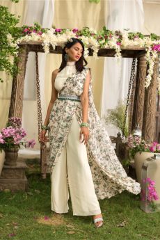 Off White Printed Pant Saree With Embroidered Belt