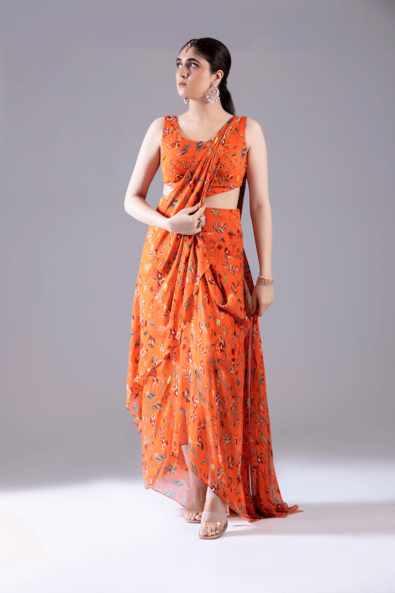 Orange Dhoti Saree Set
