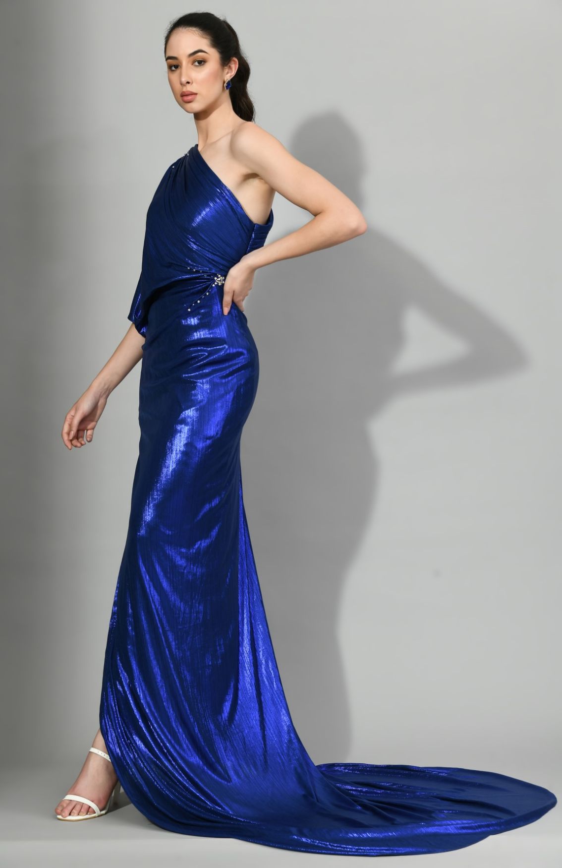 Blue Side Of The Stars - Long Tail Draped Gown With Minimalistic Embroidery