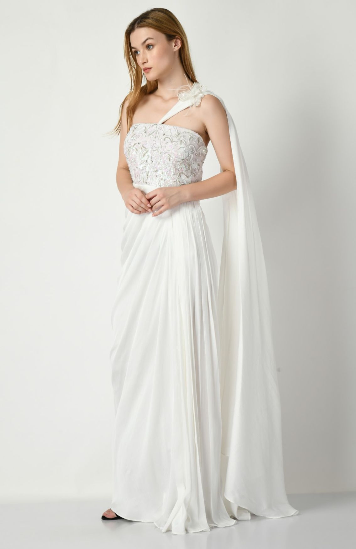 White Gown With Unicorn Colored Sequin Embroidery On Bodice 