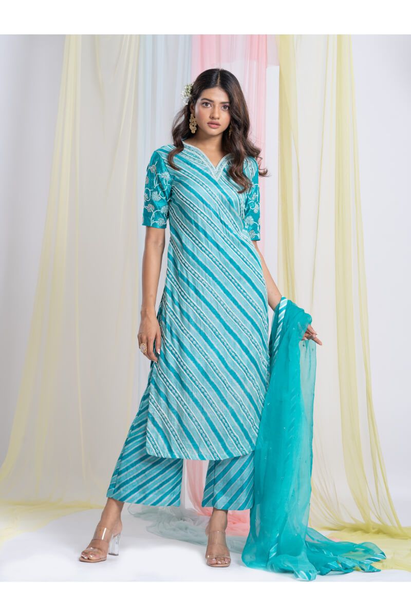 Turquoise Blue Straight Tunic With Pants And Organza Dupatta