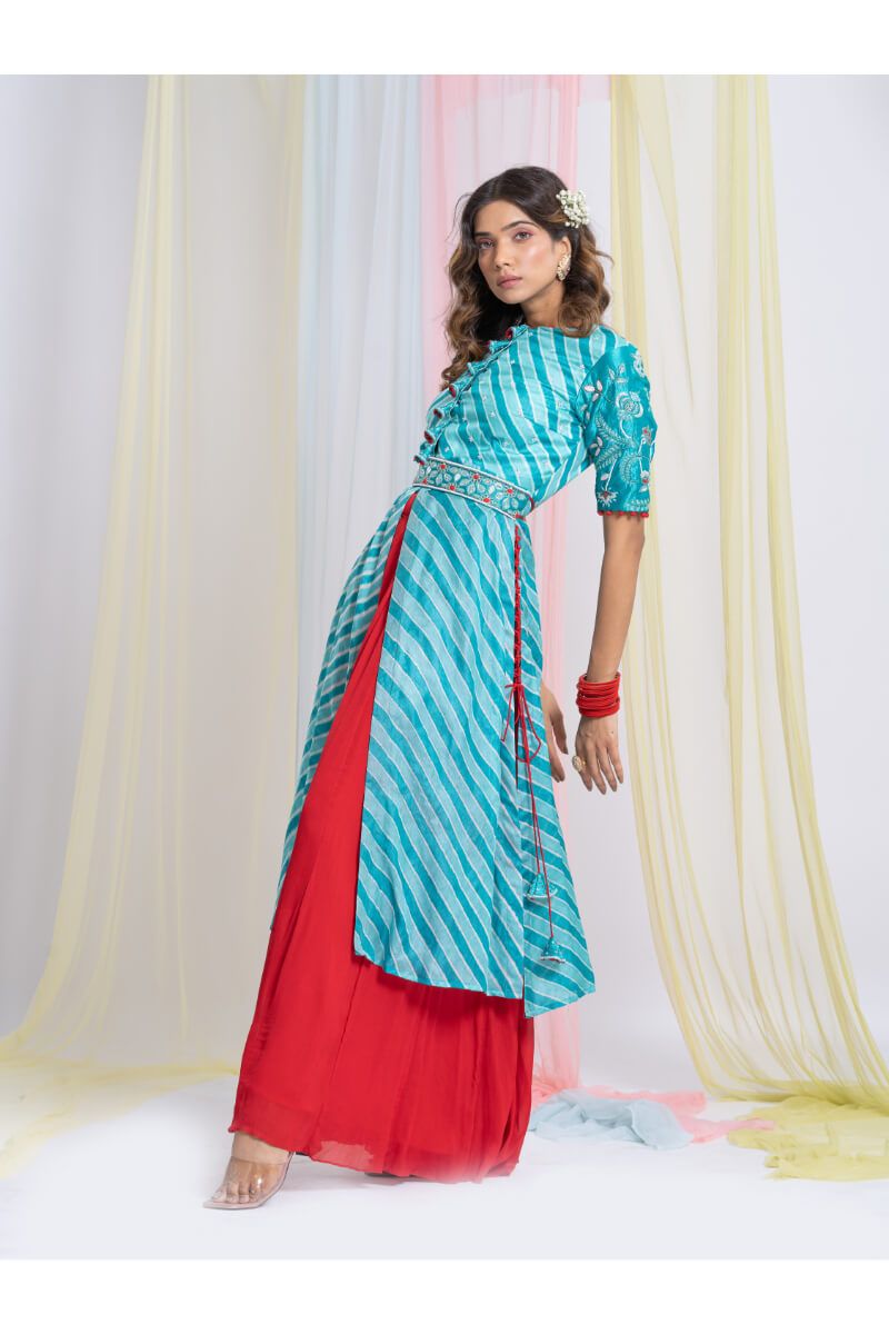 Turquoise Blue Front Open Tunic With Red Sharara And Belt