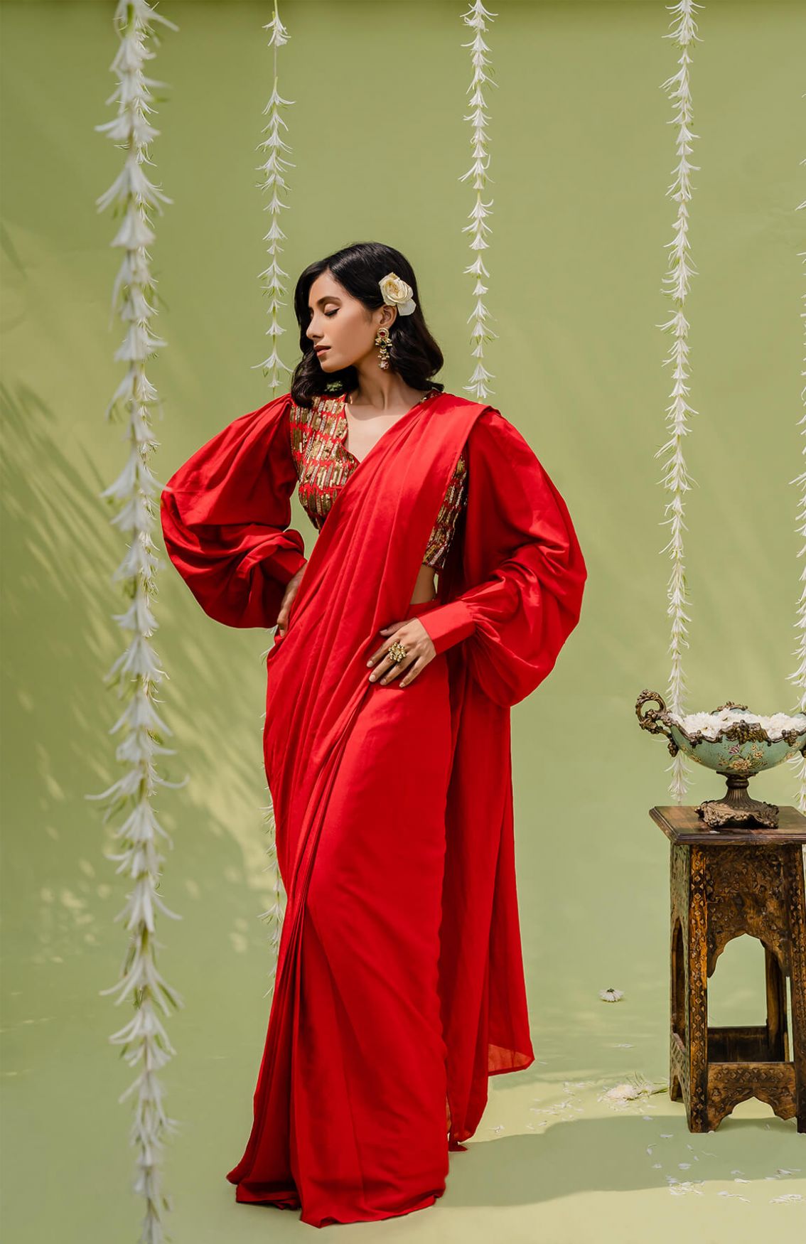 Red Embroidered Drape Saree