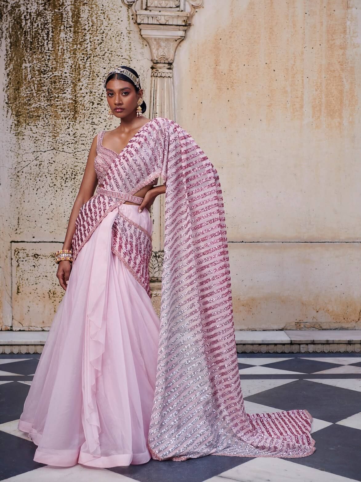 Pink Sequins Embroidered Saree