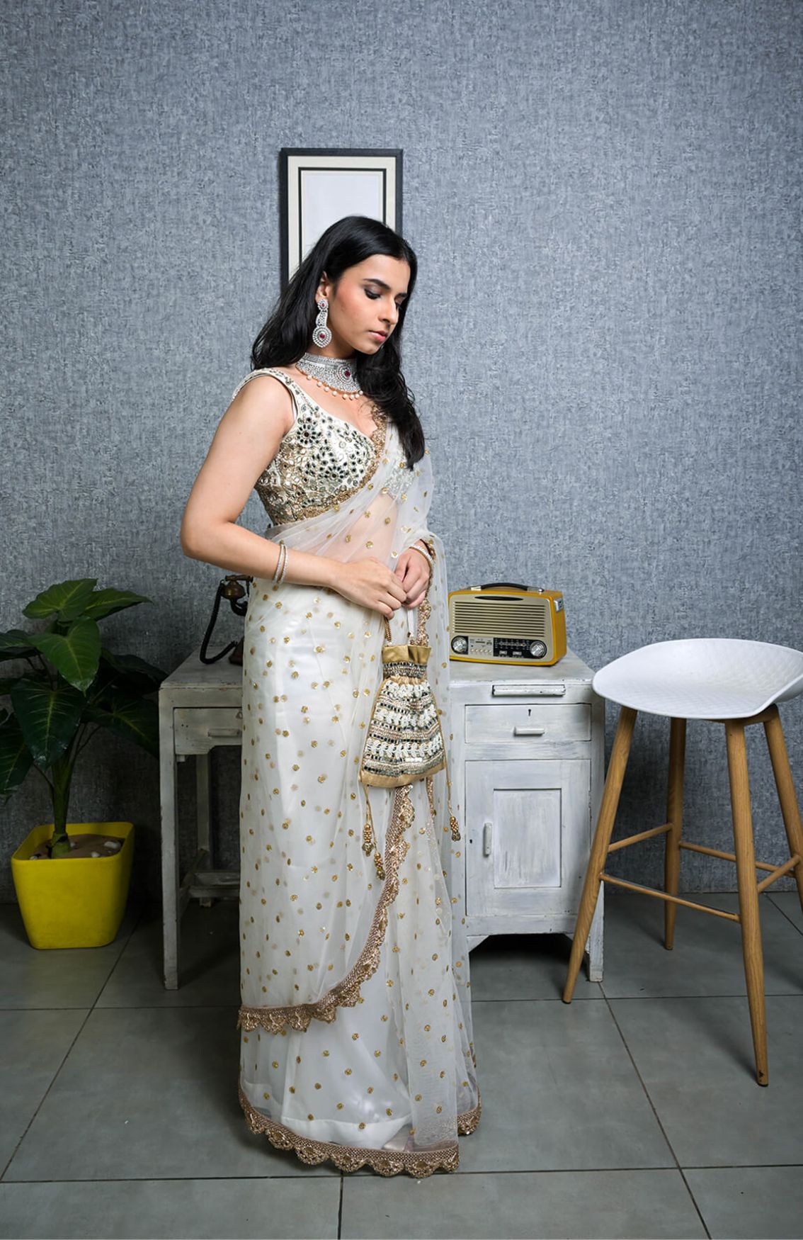 Ivory Mirror Work Blouse and Net  Saree