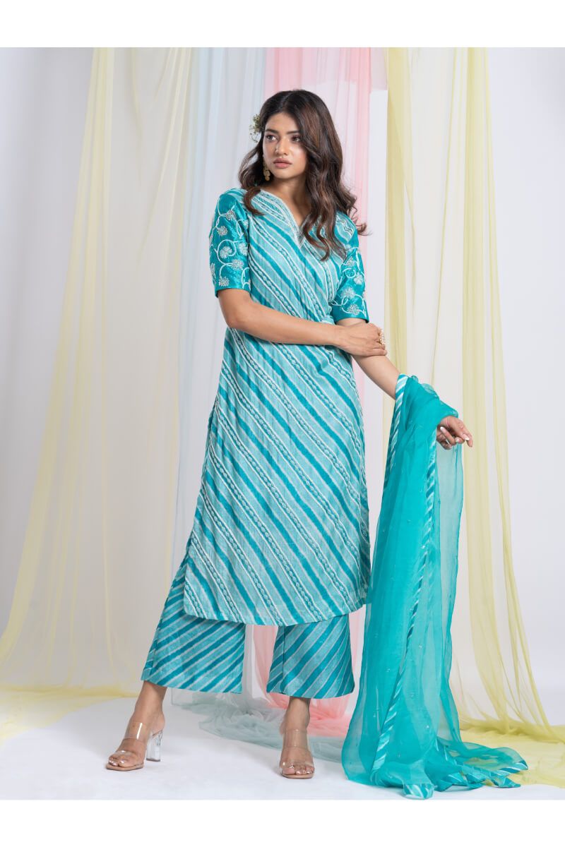 Turquoise Blue Straight Tunic With Pants And Organza Dupatta