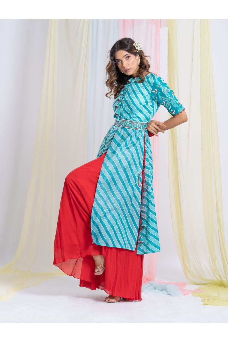 Turquoise Blue Front Open Tunic With Red Sharara And Belt
