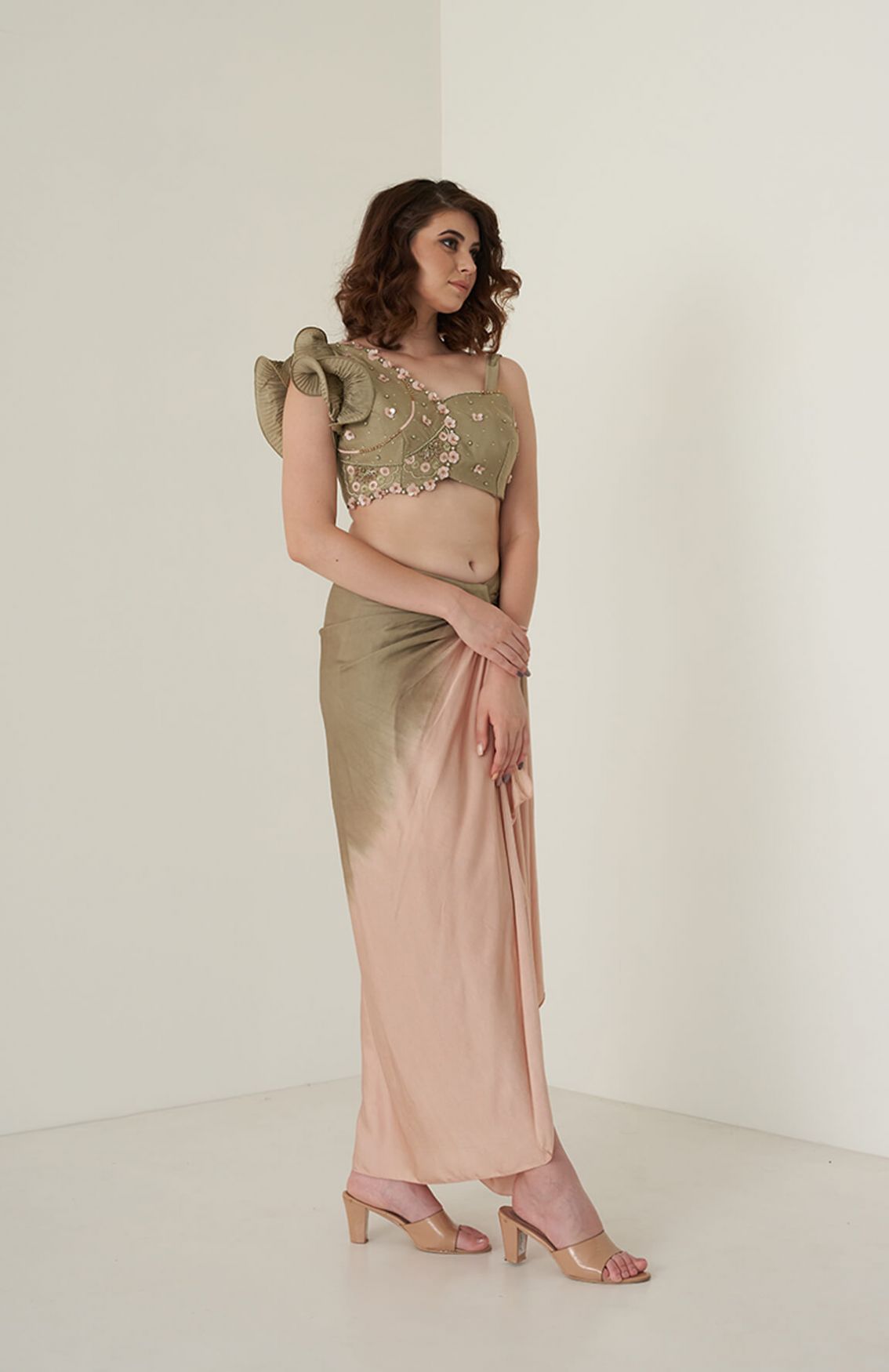 Moss Green And Peach Shaded Dhoti Set