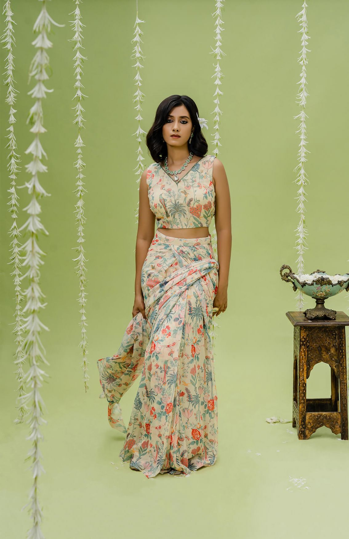 Off White Printed Embroidered Saree Set