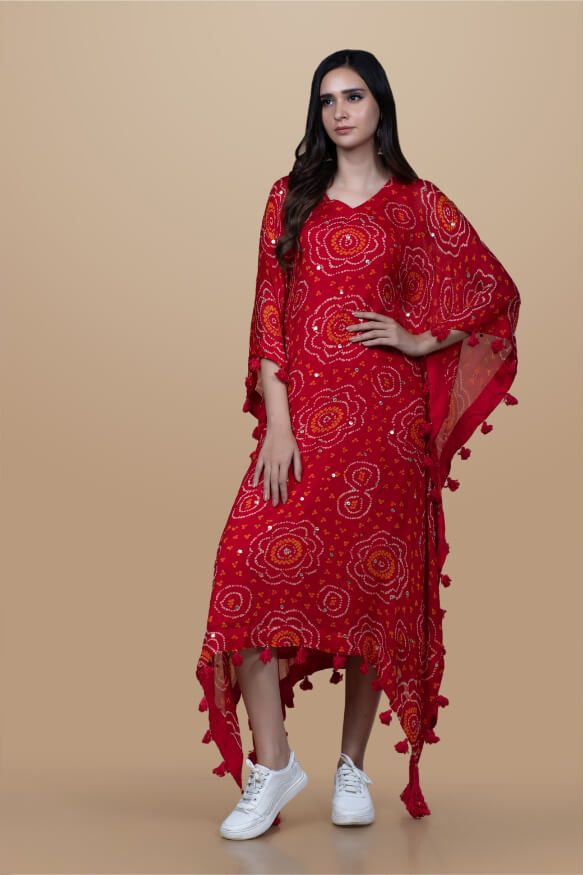 Bandhni Kaftan With Delicate Embroidery 