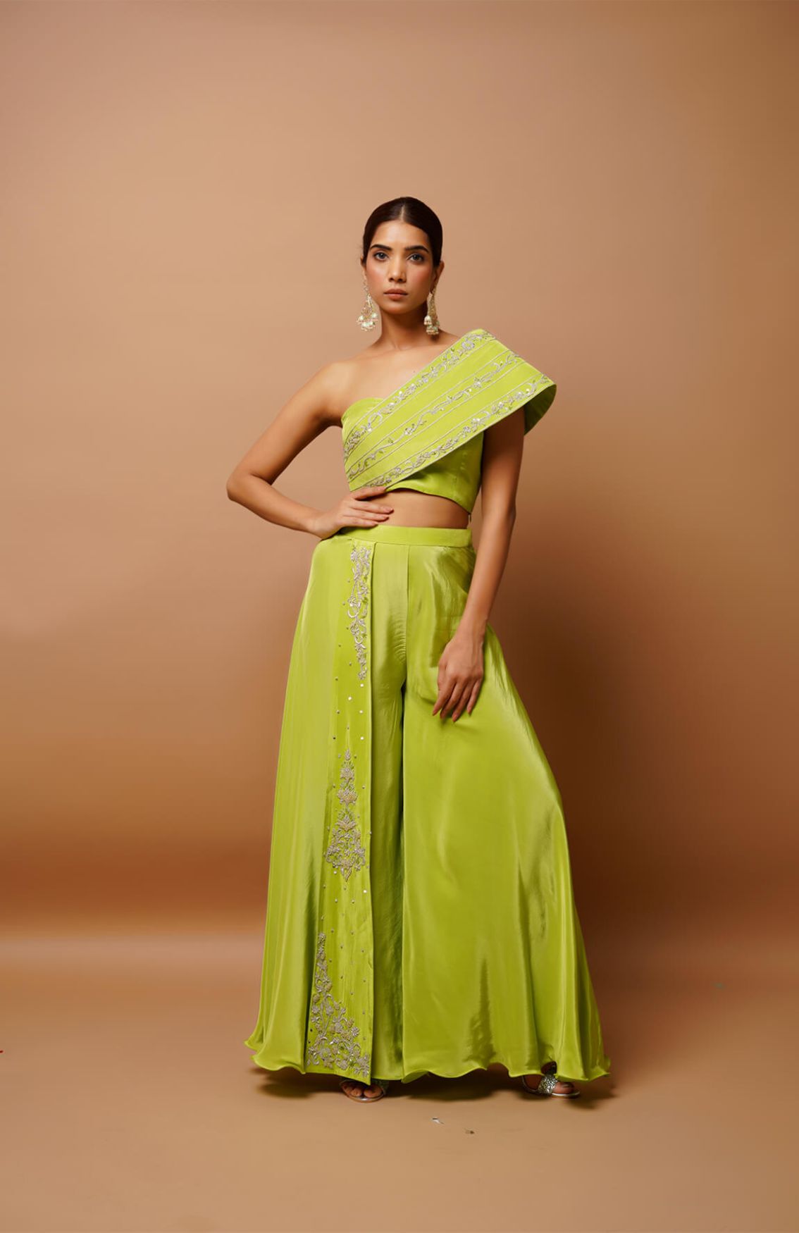 Light Green Natural Crepe Hand Embroidered Zardosi One Shoulder Bustier & Palazzo Set