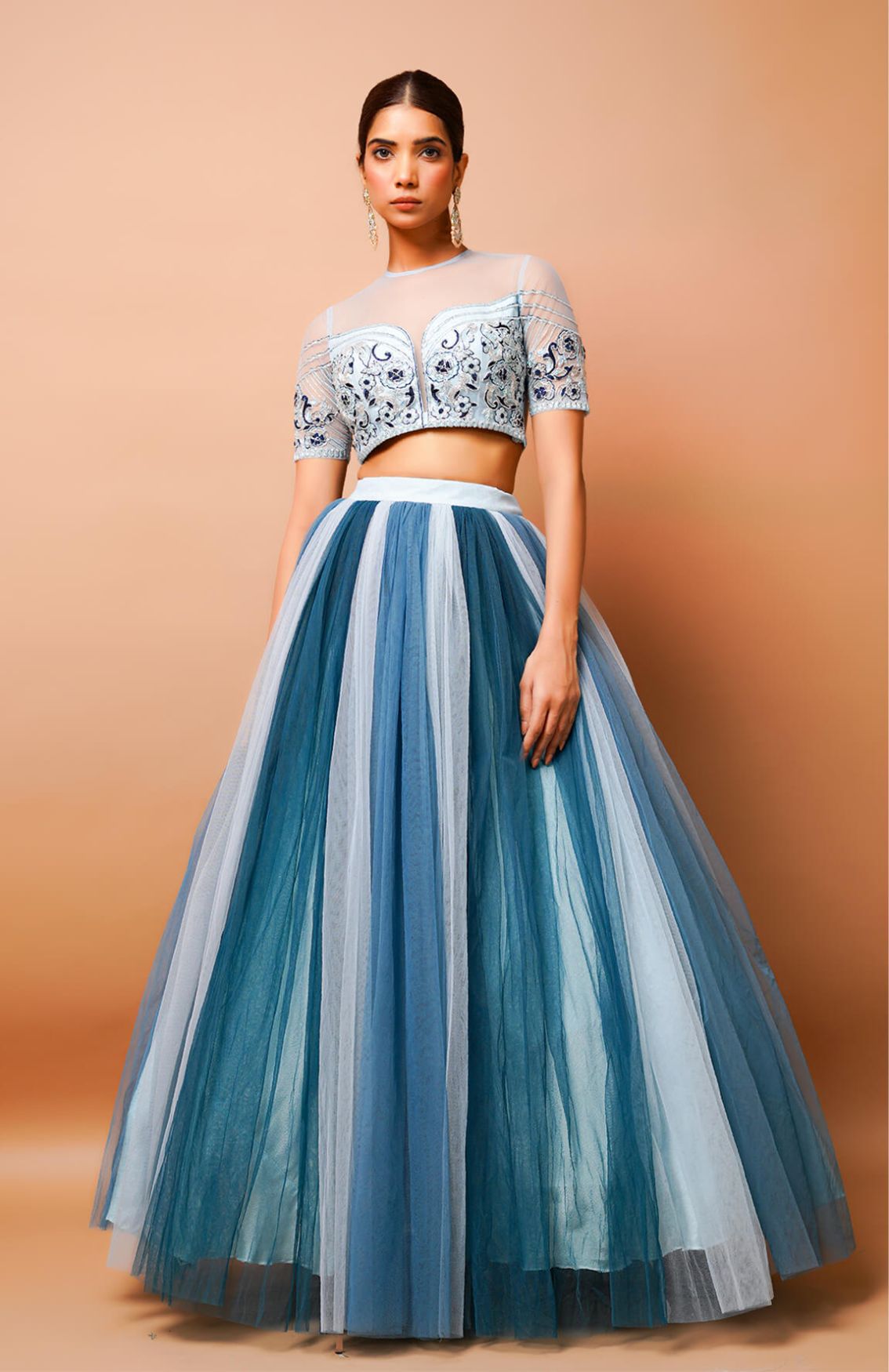 Blue Net Hand Embroidered Floral Round Blouse And Skirt Set