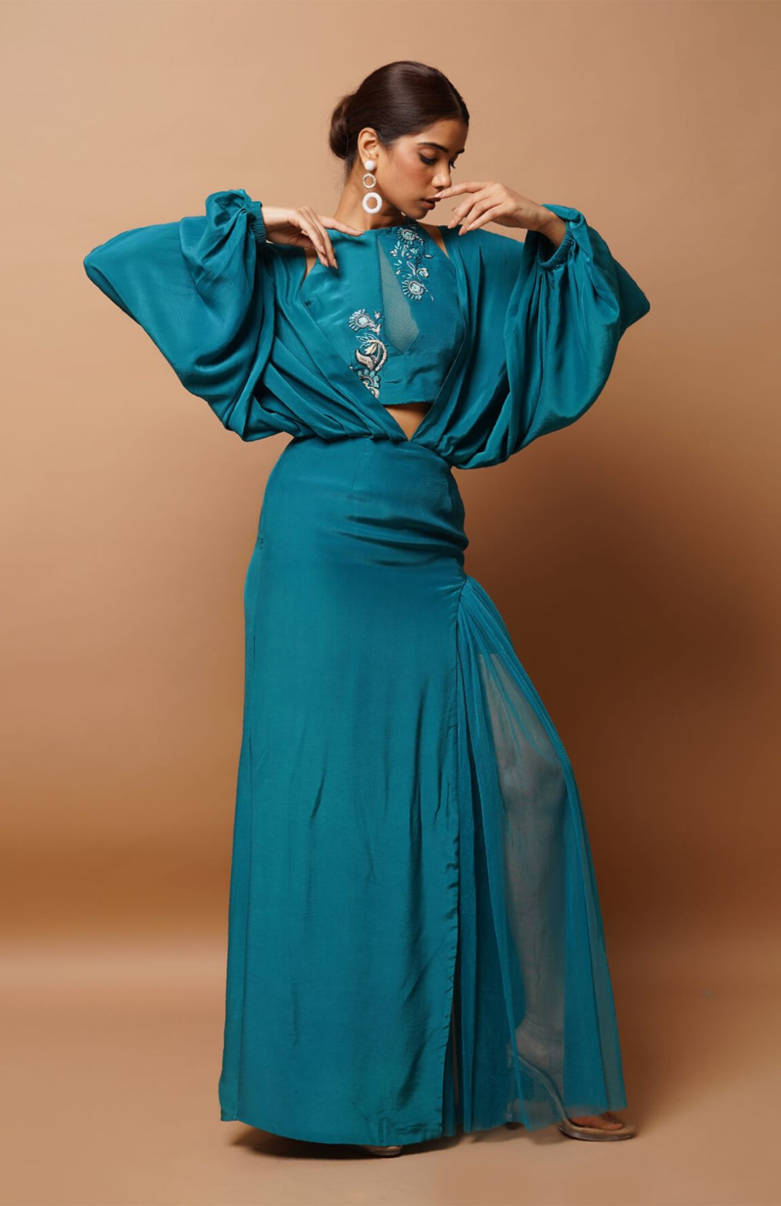 Blue Heavy Crepe & Net Hand Embroidered Long Dress With Bustier