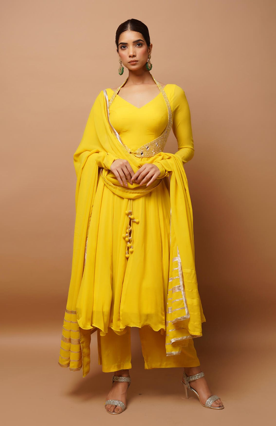 Yellow Heavy Georgette Zardosi Embroidery Gathered Sleeve Set