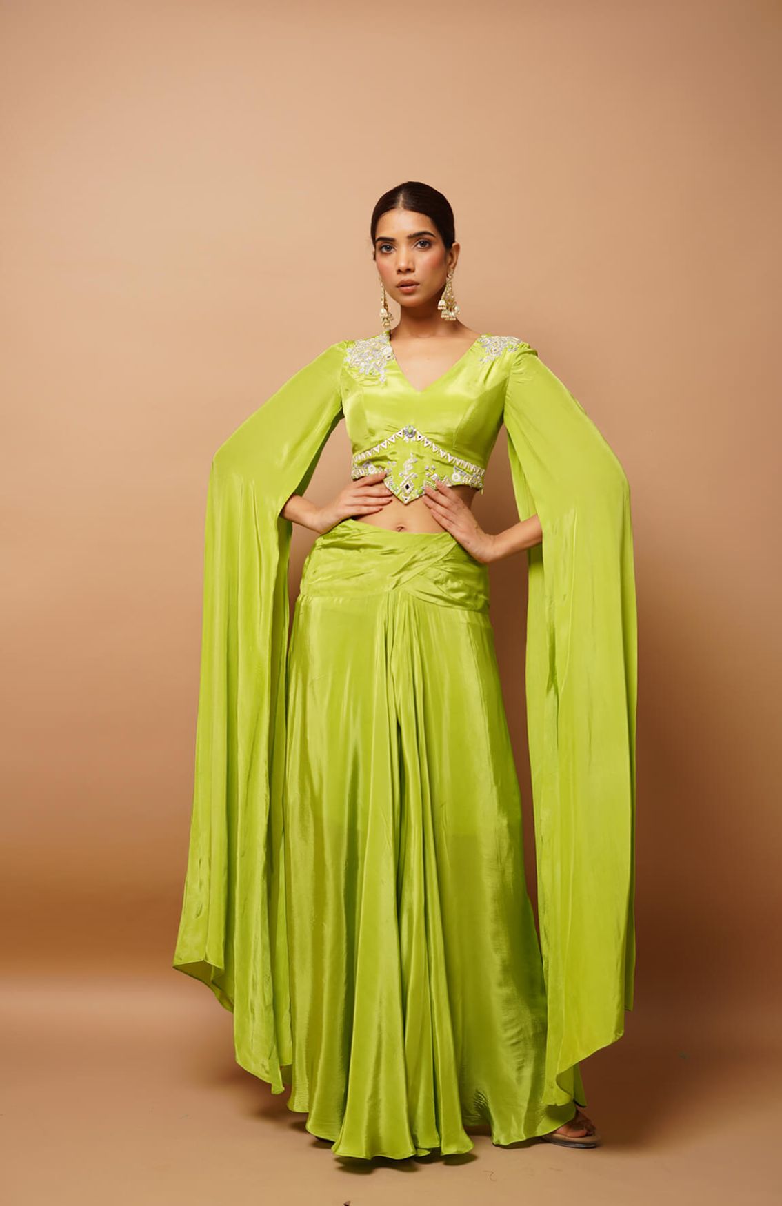 Green Heavy Crepe Mirror Embroidered V Neck Bustier & Draped Skirt Set