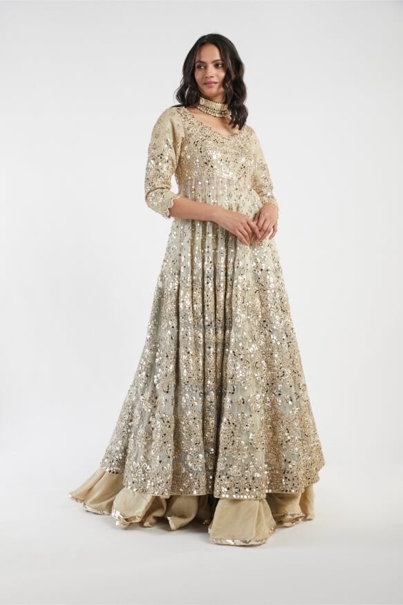 Beige And Gold Embellished Anarkali With a Skirt 