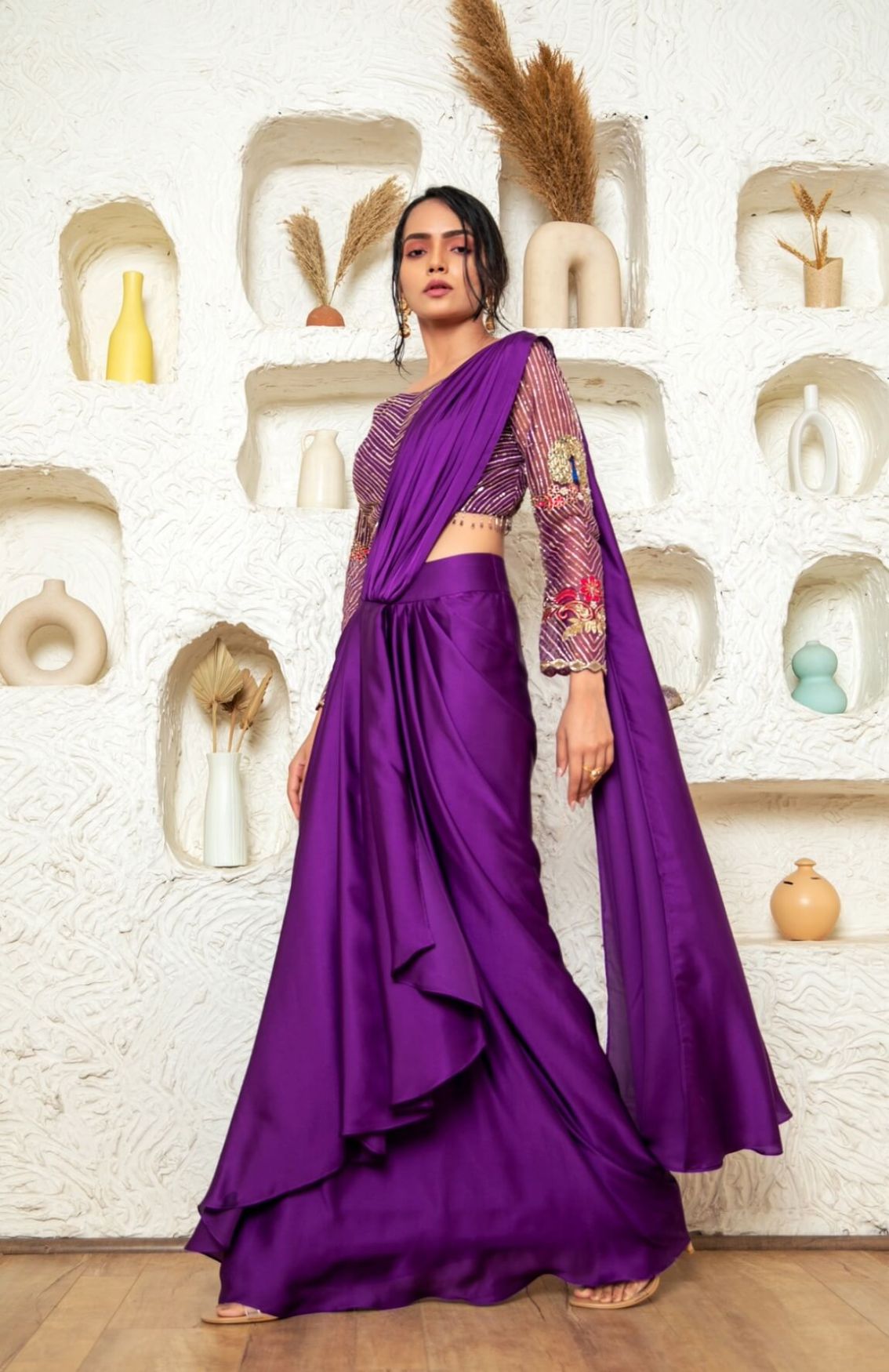 Purple Saree In Imported Satin With Embroidered Blouse In Net