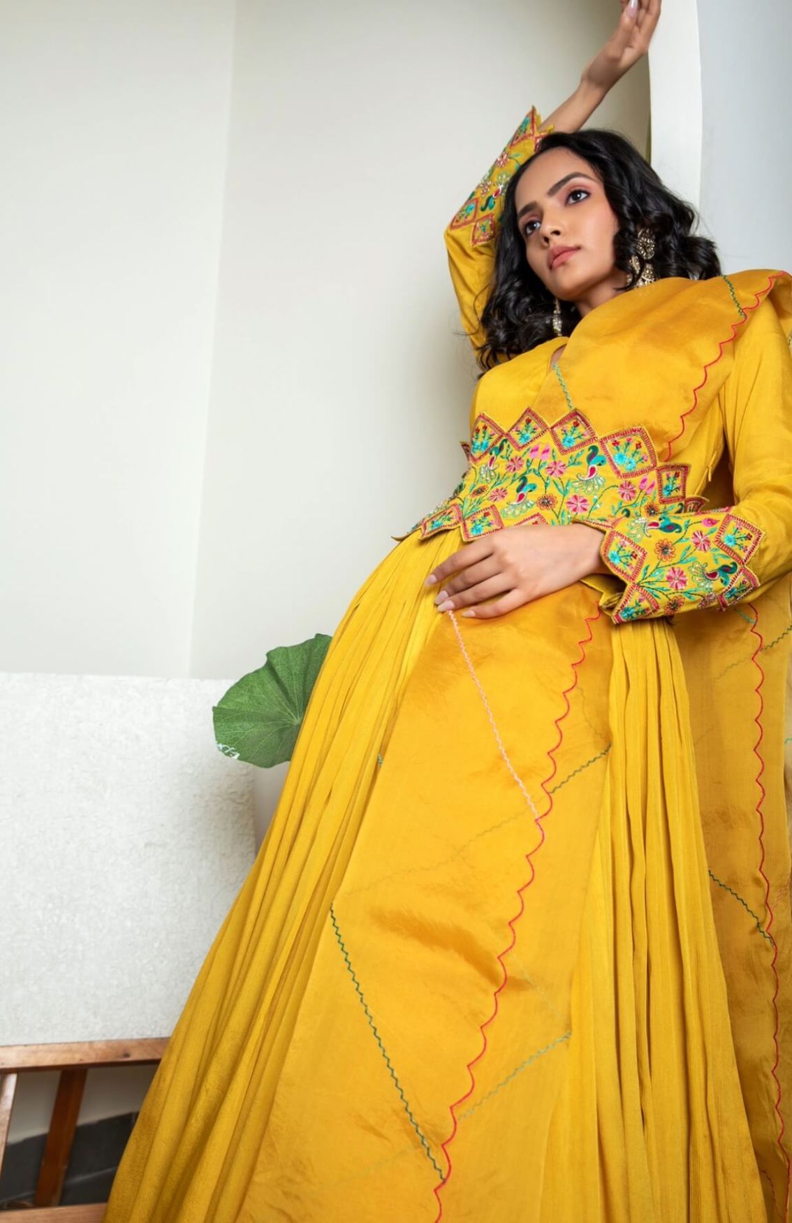 Rouched Gown With Embroidered Belt And Cuffs With Embroidered Scallop Dupatta