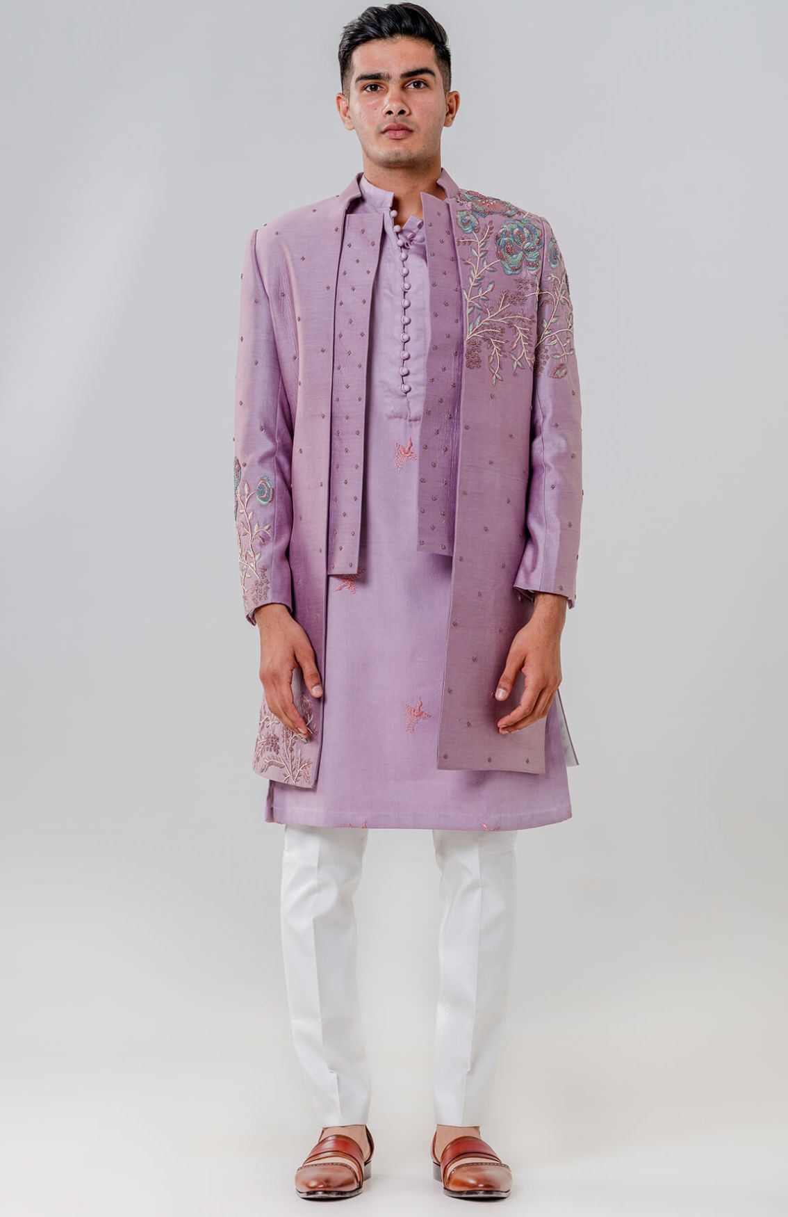 Long Open Jacket Attached Placket Paired With Kurta & Trousers