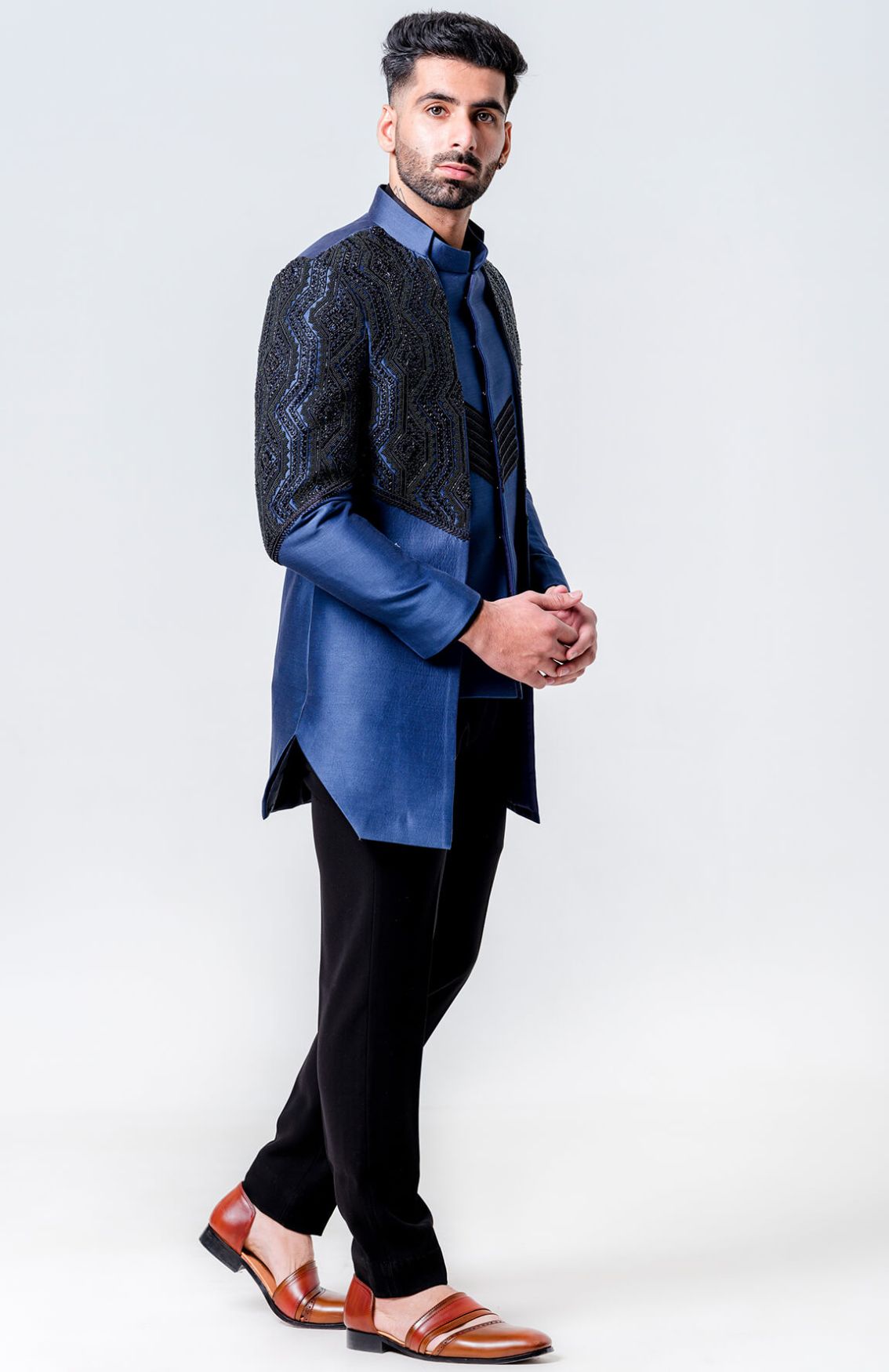 Long Open Jacket Attached Nehru Jacket Paired With Kurta & Trousers