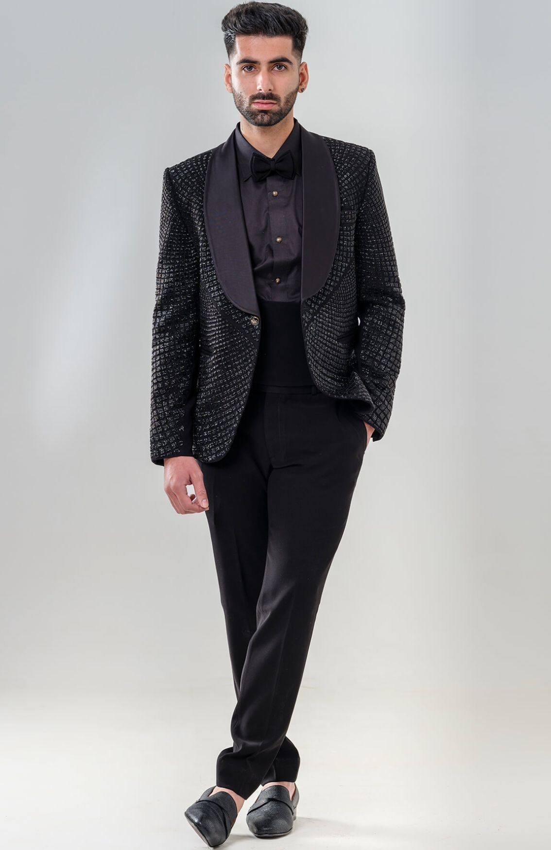 Cutdana Embellished Black Tuxedo With Shawl Lapel