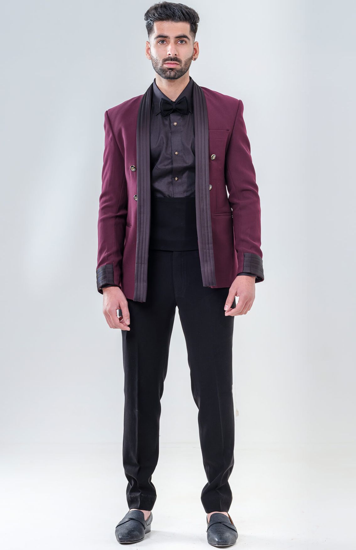 Maroon Tuxedo With Open Pleated Lapel