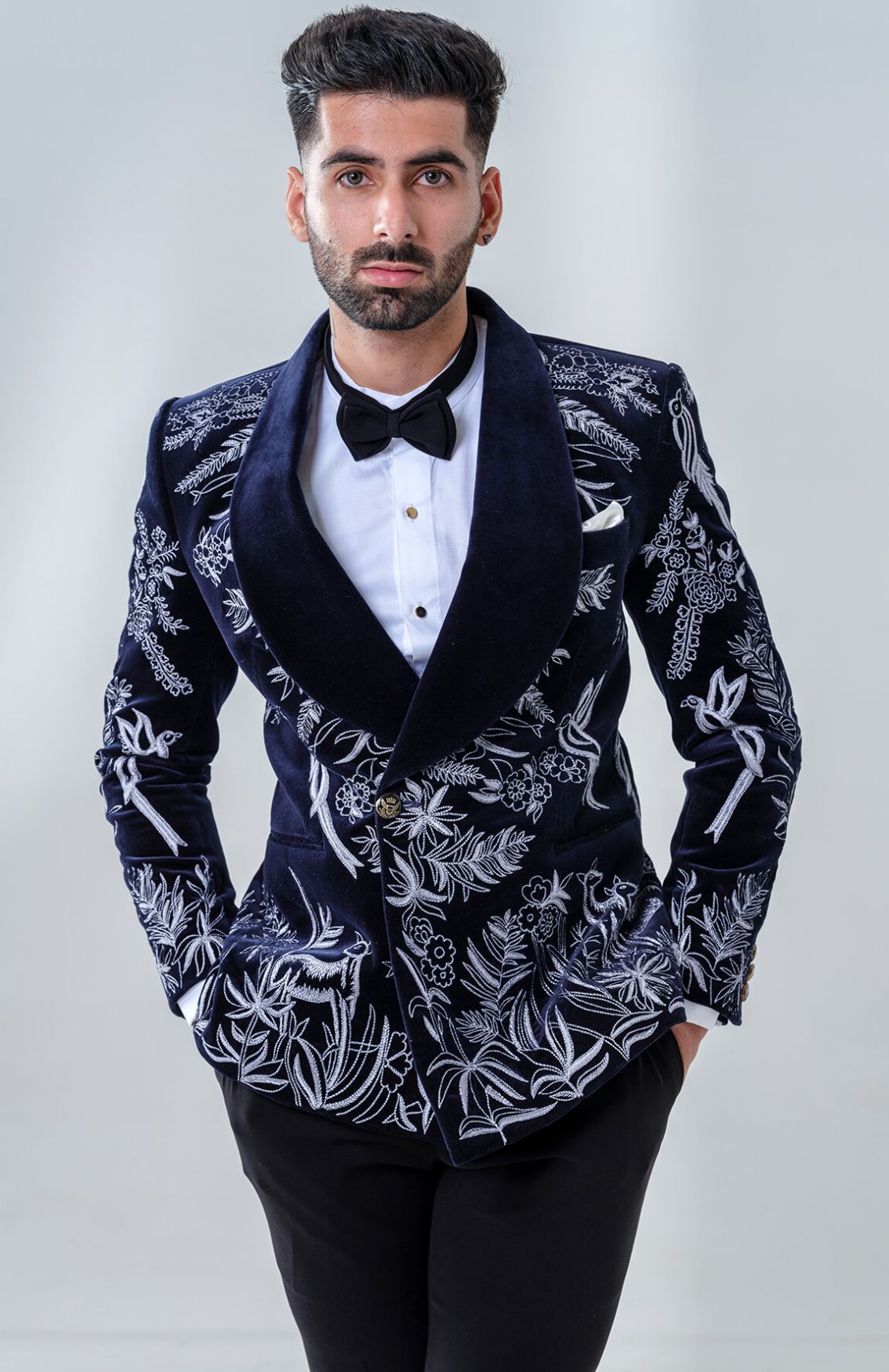 Intricately Embroidered Navy Tuxedo With Shawl Lapel