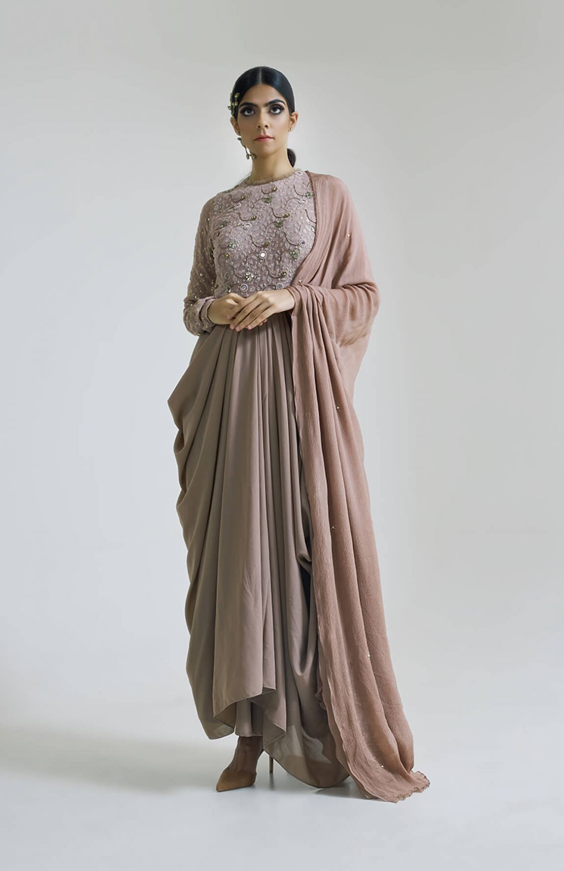 Oyster Pleated Gown With Drape