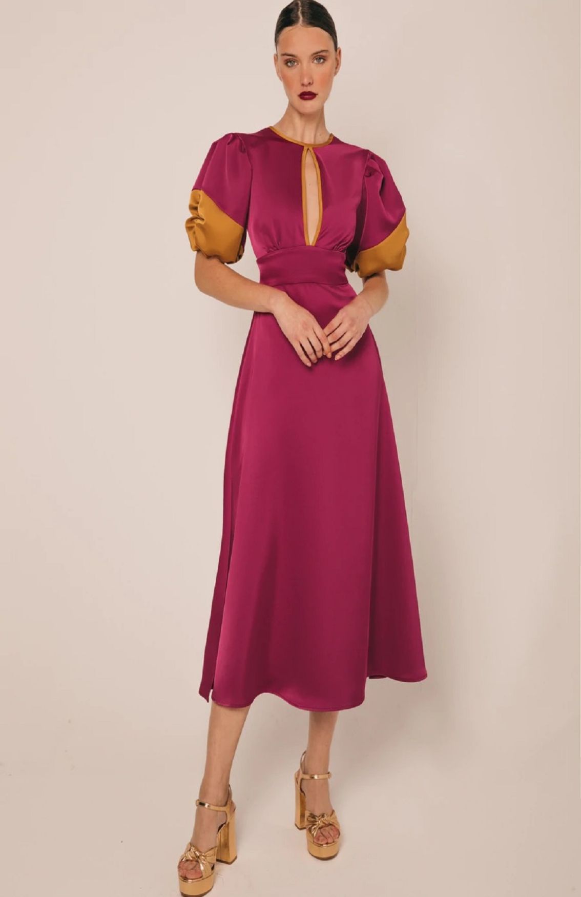  Pink Satin A-Line Midi Dress