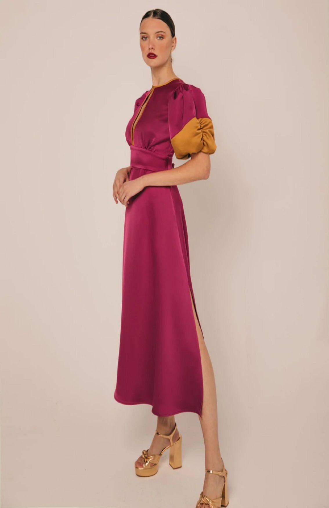  Pink Satin A-Line Midi Dress