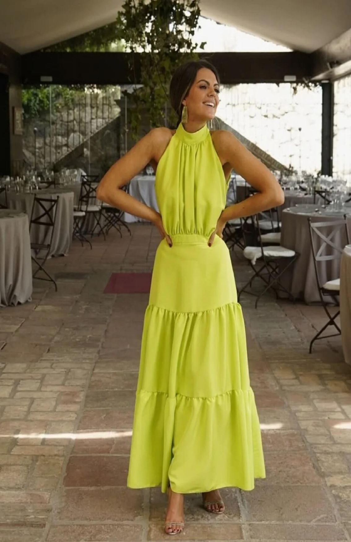 Women Lime Green Choker Neck Crepe Maxi Dress