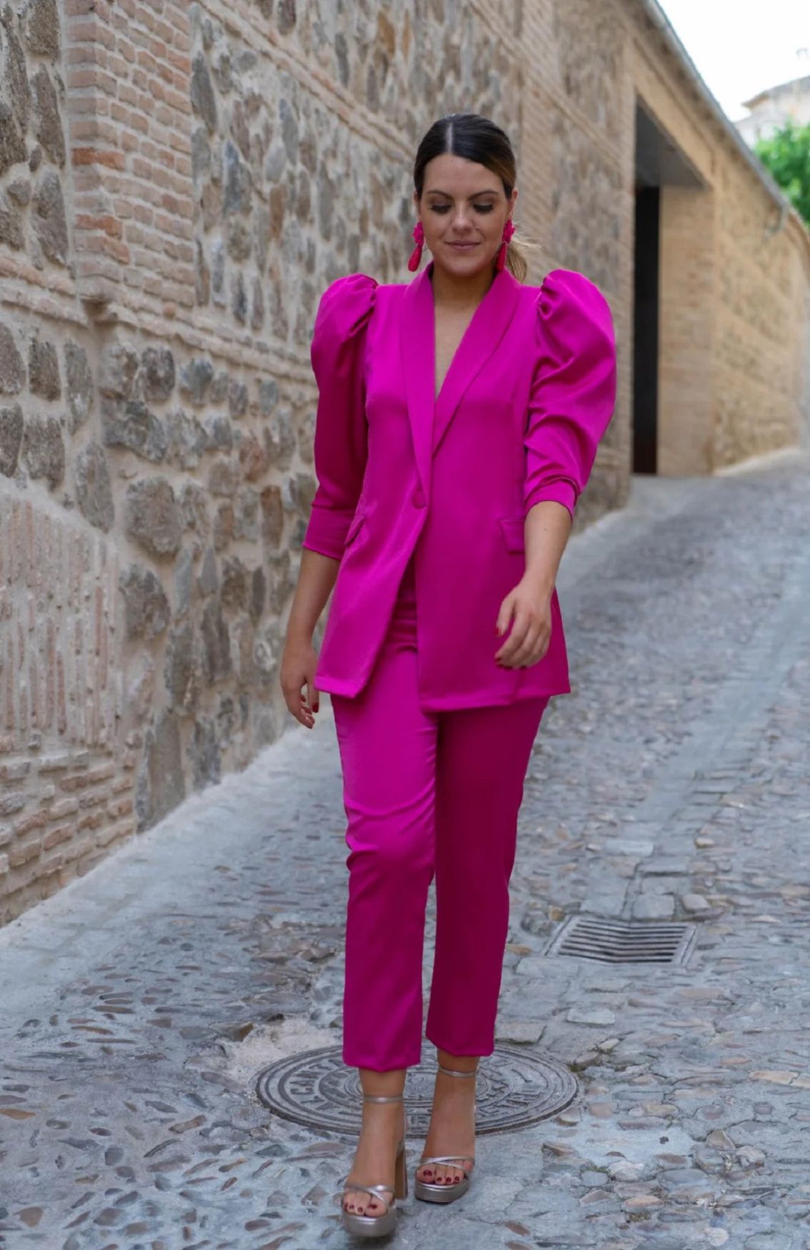 Puff Sleeves Magenta Pink Blazer With Trouser