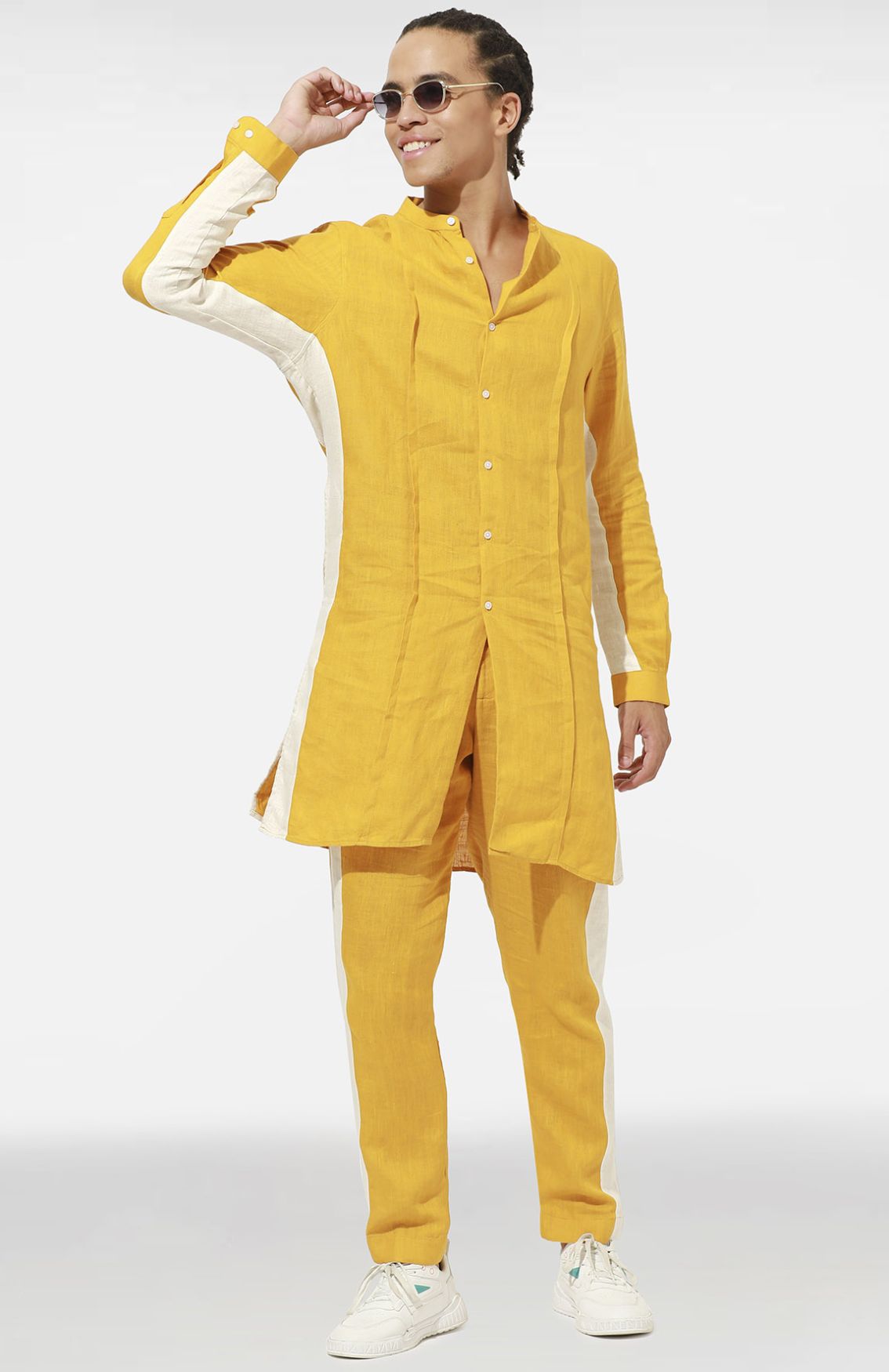 Cut And Sew Linen Kurta Set (Yellow)