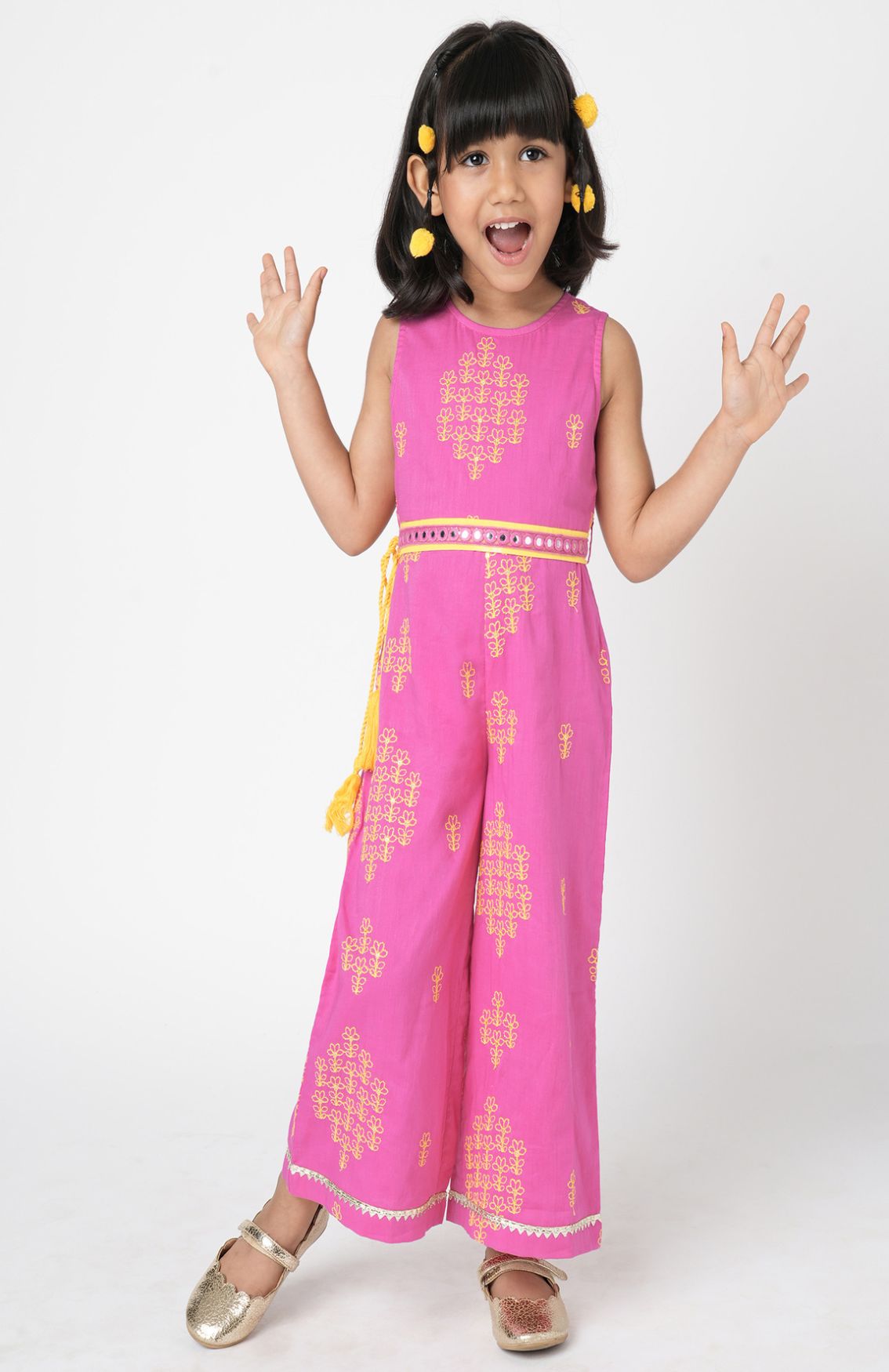 Marigold Magic Girls Pink Embroidered Jumpsuit