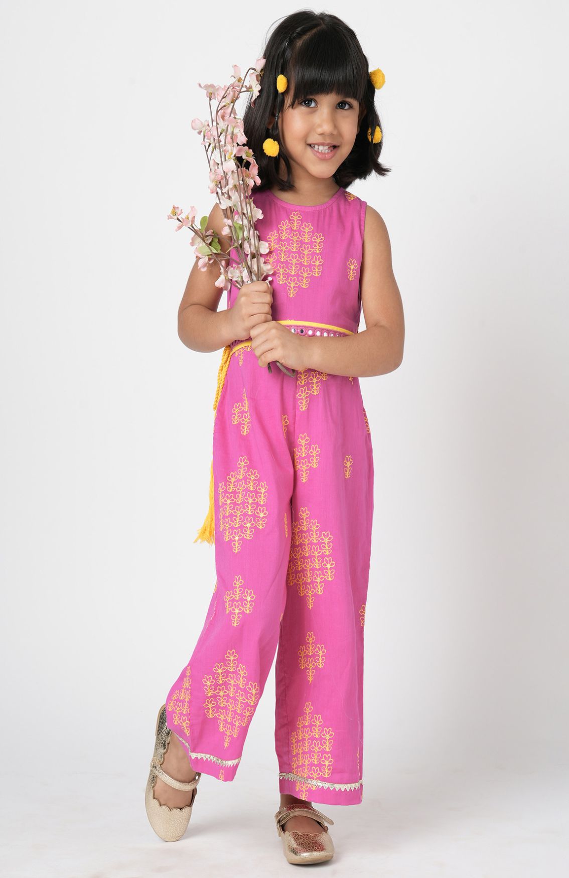 Marigold Magic Girls Pink Embroidered Jumpsuit