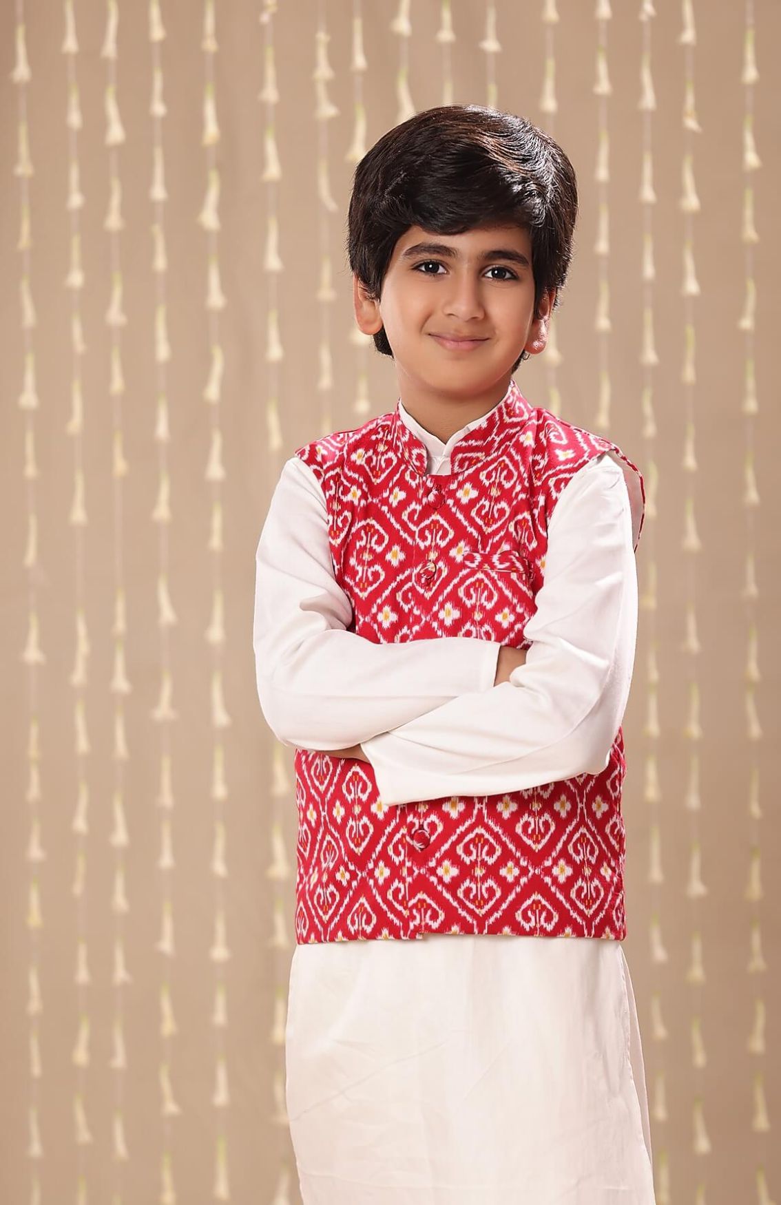 White Kurta Pyjama Co-ord Set With Red Jaipuri Ikat Handblock Print Jacket