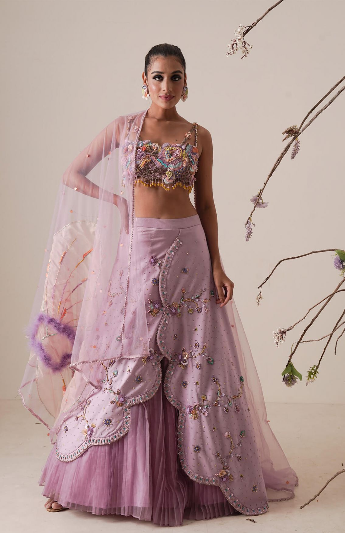 Lavender Lehenga Set Pleated Front Detail And A Applique Embroidery Dupatta