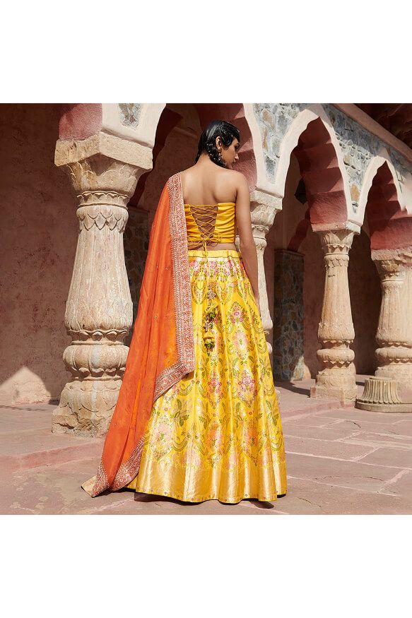 Handloom Yellow Pure Katan Silk Meenakari Banarasi Lehenga With Corset Blouse And Organza Dupatta