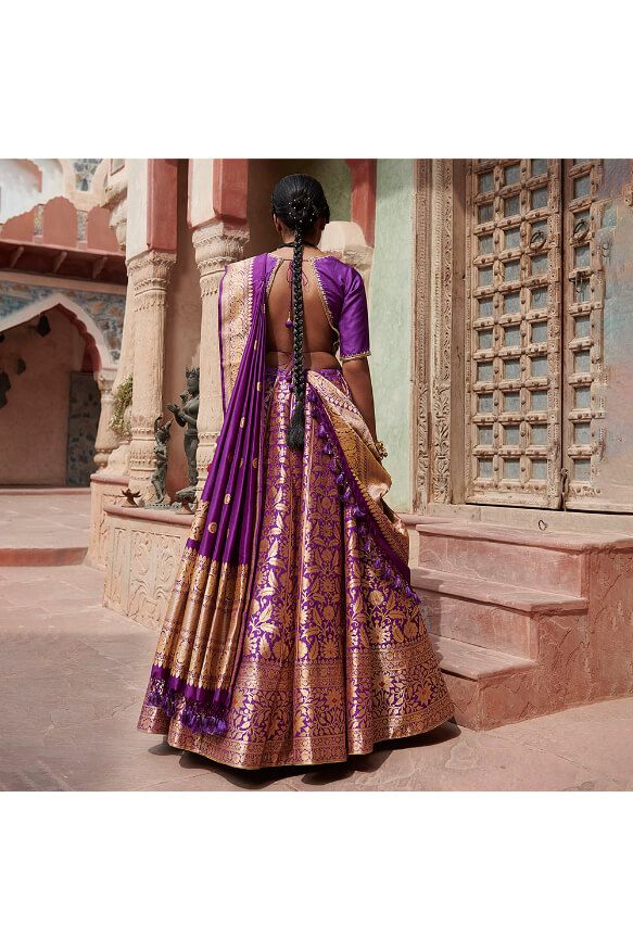 Purple Handloom Pure Katan Silk Bageecha Banarasi Lehenga With Blouse And Silk Dupatta