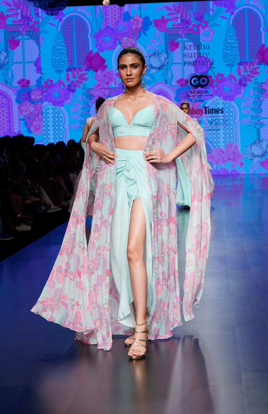 Powder Blue Blouse With Dhoti Skirt & Printed Embroidered Cape 