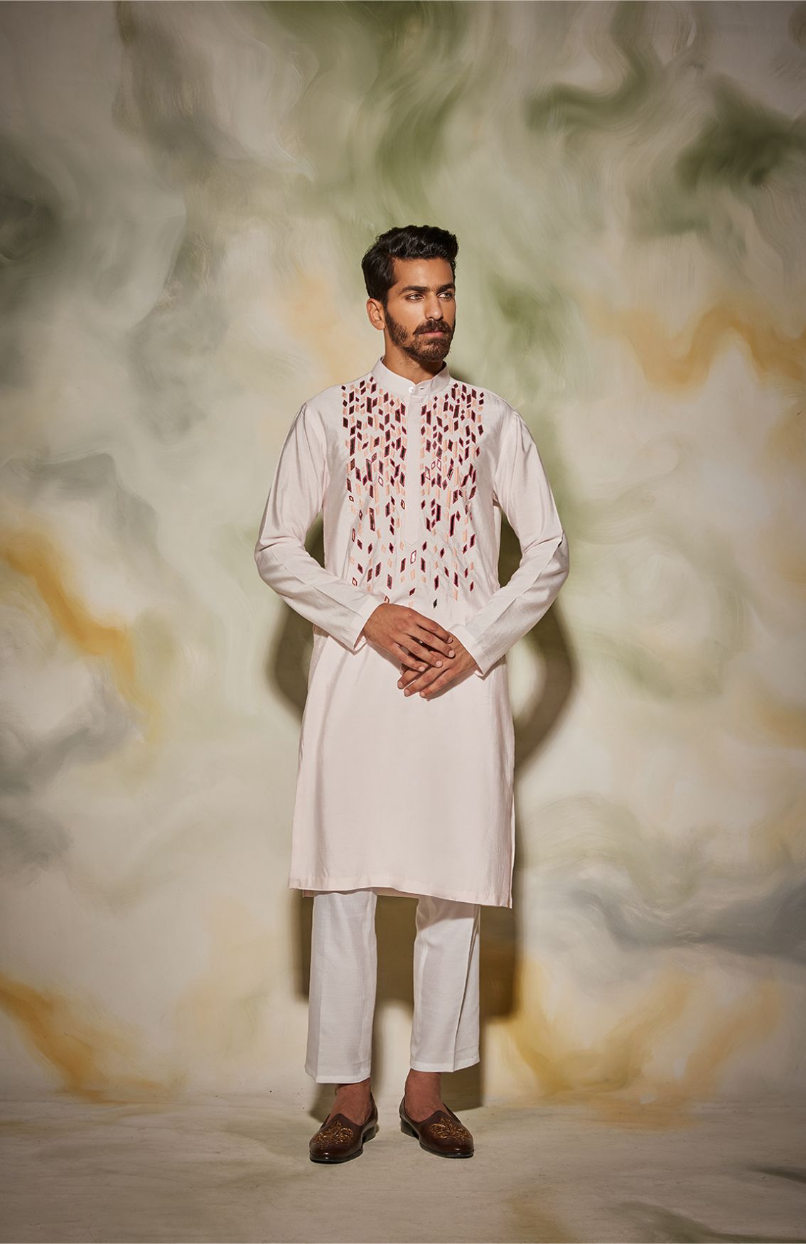 Blush Pink And Maroon Stripped Acrylic & Thread Embroidered Kurta