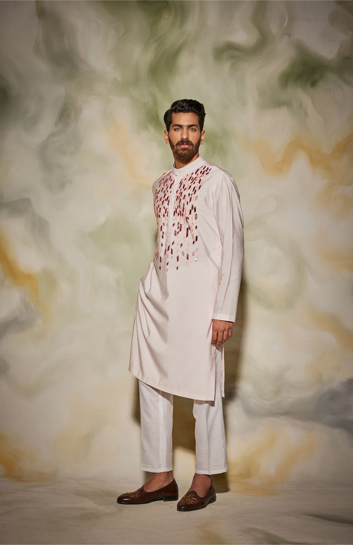 Blush Pink And Maroon Stripped Acrylic & Thread Embroidered Kurta