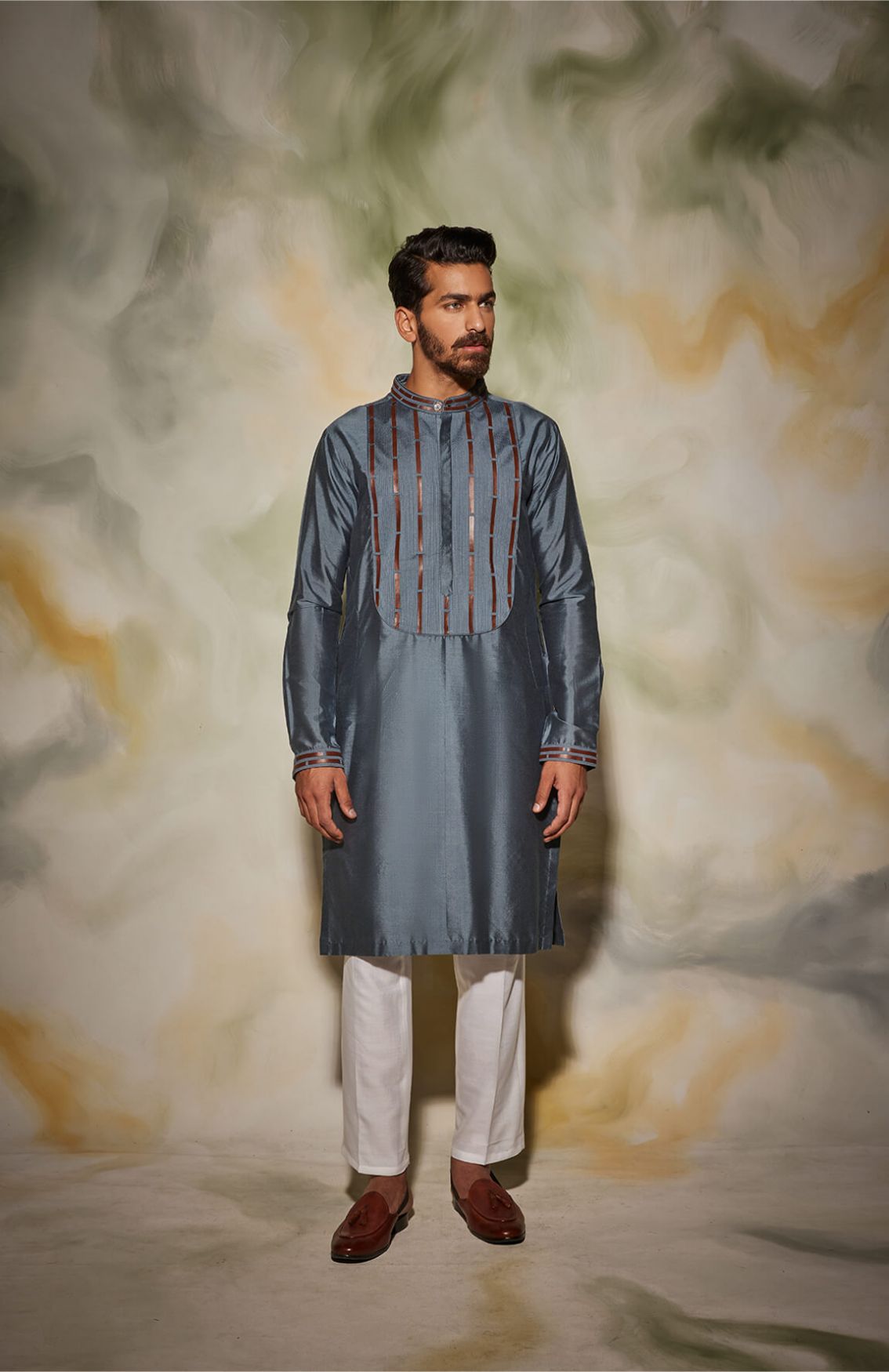 Grey With Brown Leather Stripped With Texture Detail Kurta