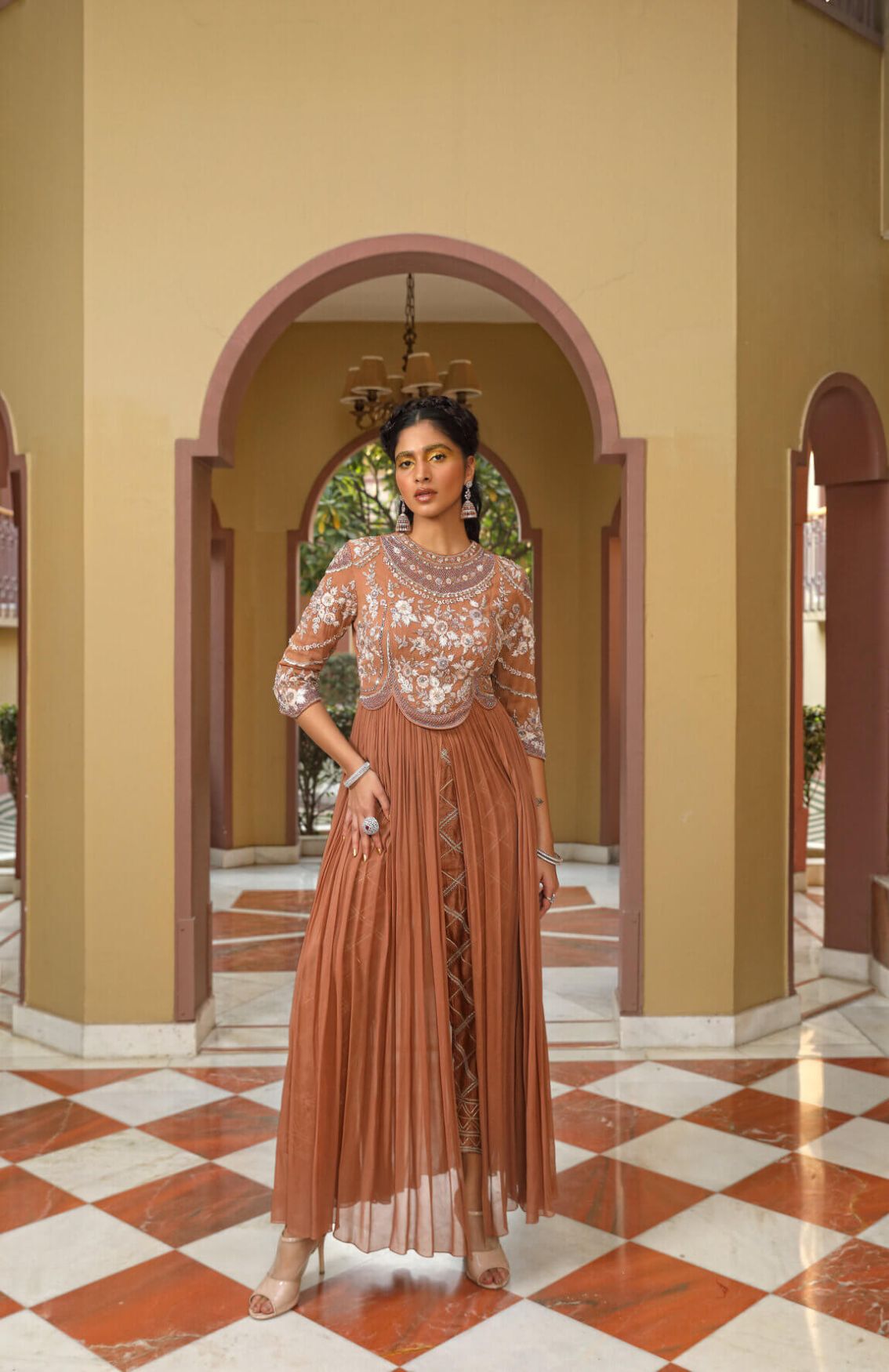 Pastel Rust Gown Anarkali With Pants