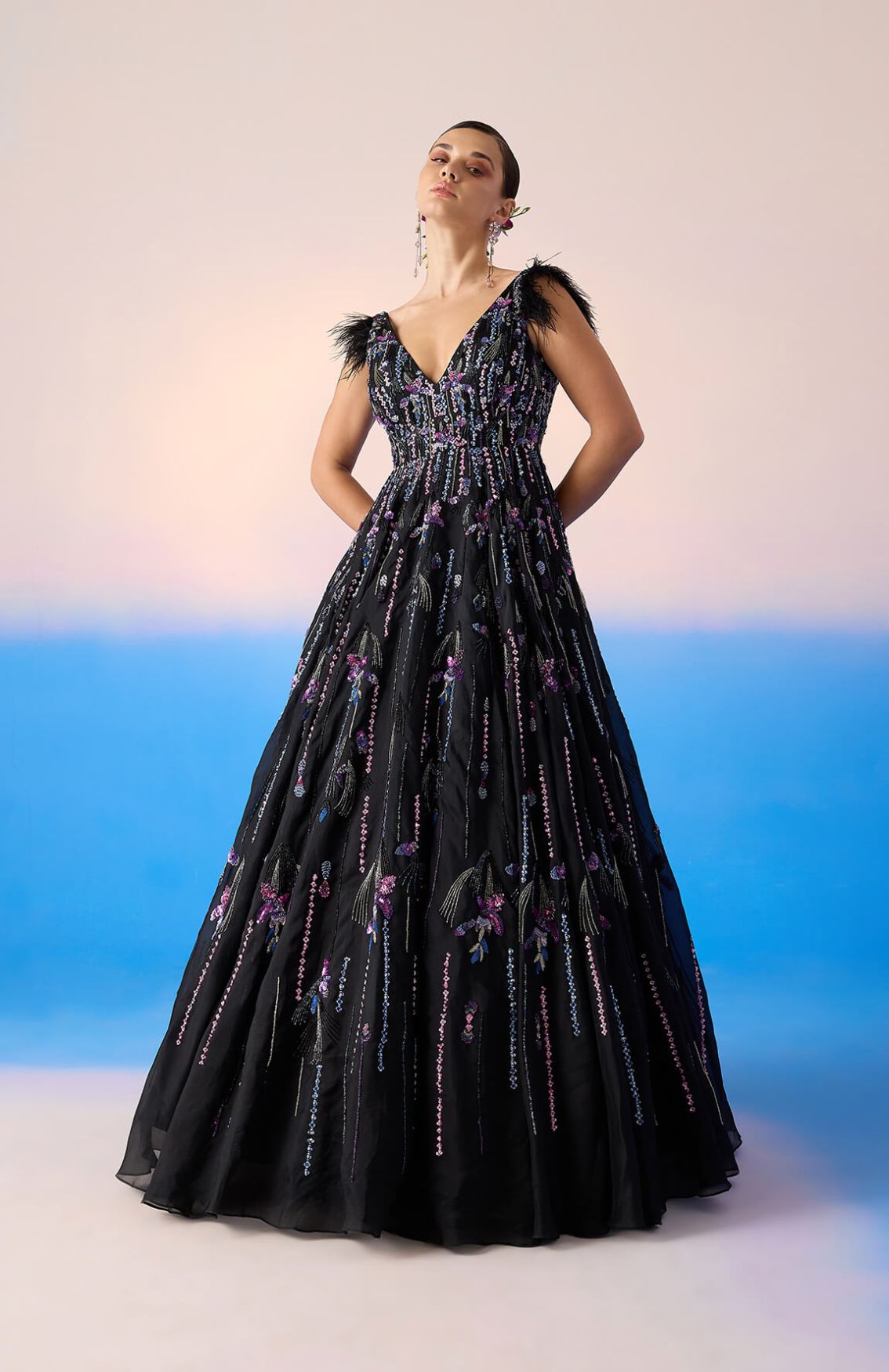 V Neck Embroidered Gown With Feathers On The Shoulder