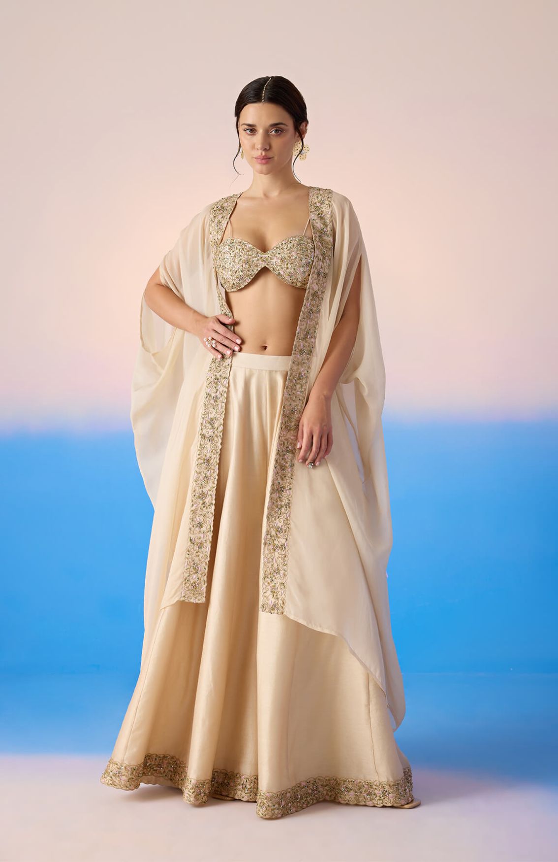 Beidge Sharara With Embroidered Blouse & Cape