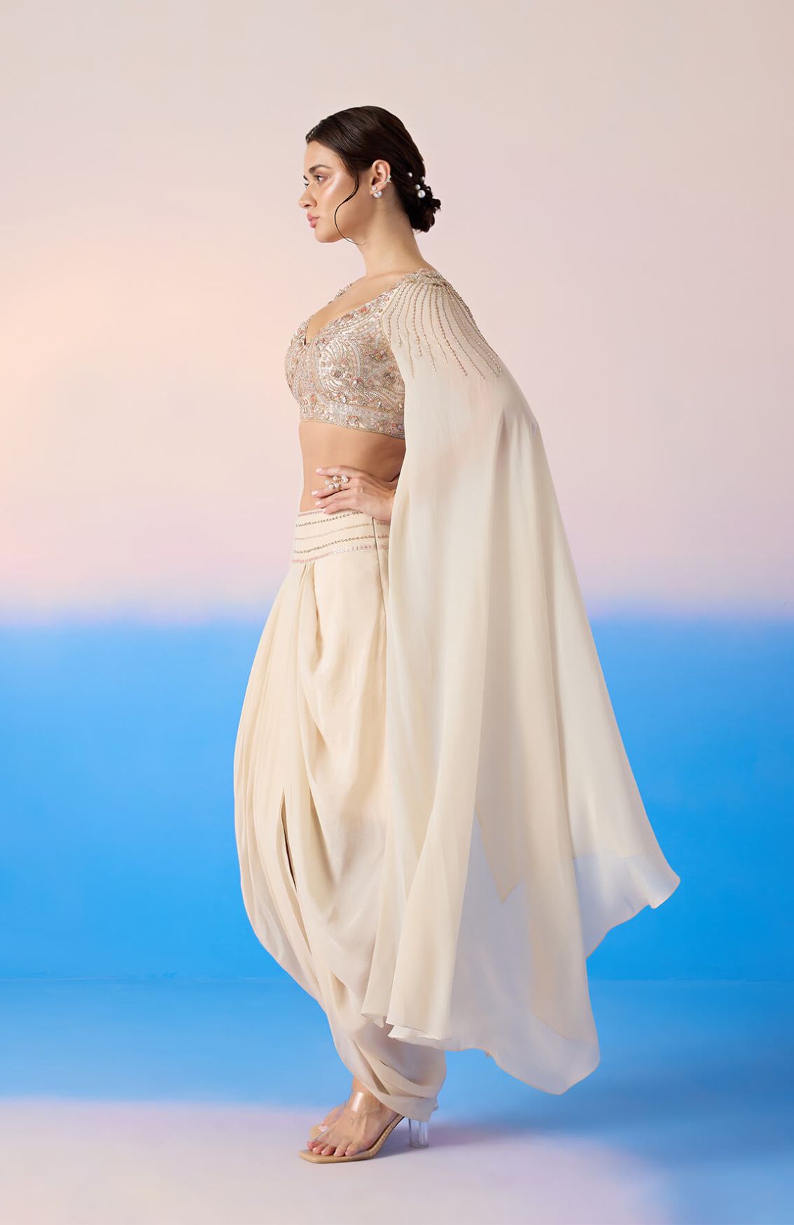 Beige Crop Top With Dhoti Pant