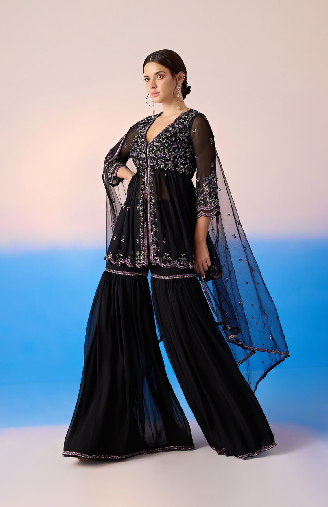 Black Embellished Sharara Set